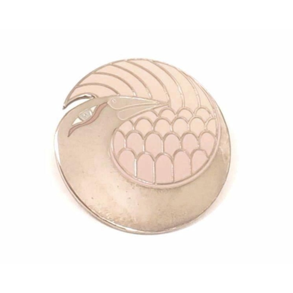 Laurel Burch Mynah Bird Pink Feathers Silver Plated Round Signed Pin Brooch